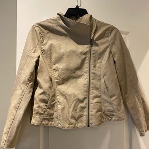 Tan “moto” jacket, brand new, cute stripe interior, leather looking